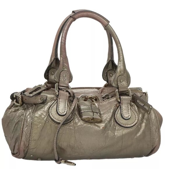 Chloe Paddington Hand Bag Leather Bronze Gold Silver Auth am7387